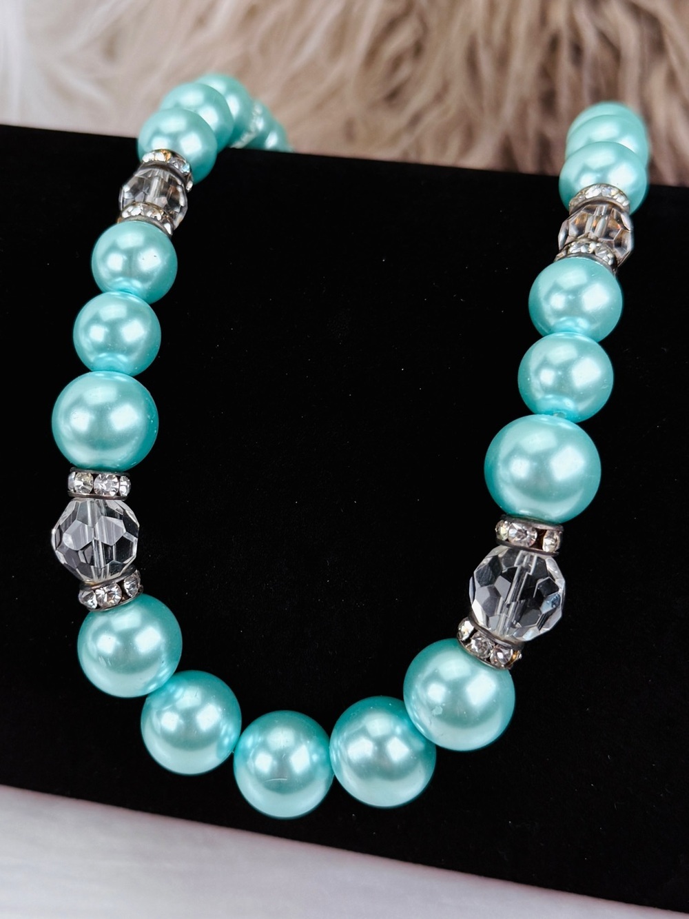 Aqua Blue Beaded Statement Necklace Clear Accent Silver Tone Adjustable